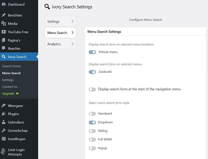 WordPress plug-in Ivory Search: opties voor de weergave van het zoekformulier