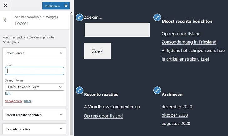 WordPress plug-in Ivory Search: het zoekformulier-widget aanpassen in de WP Customizer