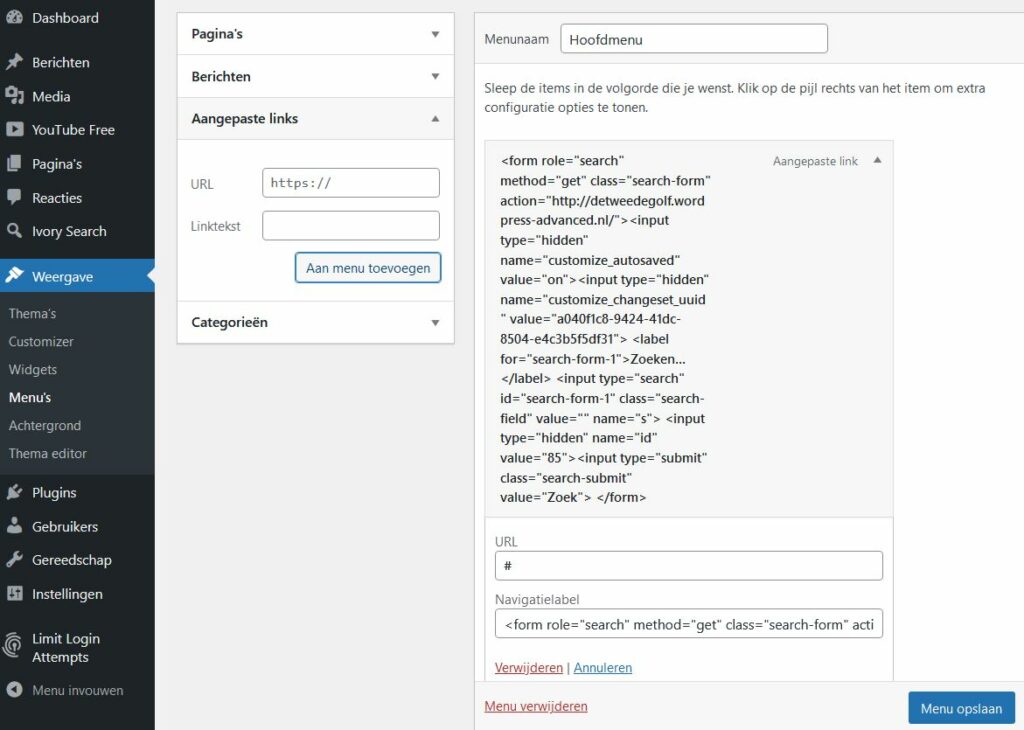 WordPress customizer: zoekveld toevoegen via "aangepaste links"