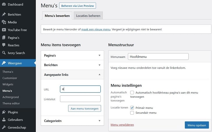 WordPress costumizer: in "menu's" "aangepaste links" gebruiken