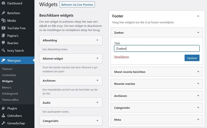 WordPress customizer: zoekfunctie tijdelijk in een widget invoegen