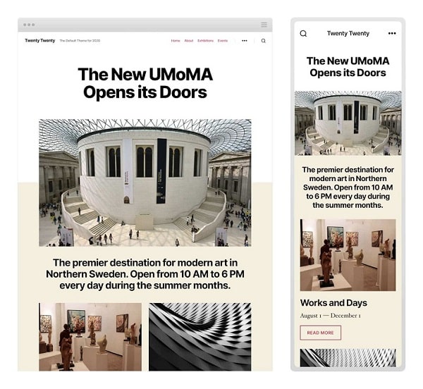 Twenty Twenty WordPress-themavoorbeeld, desktop en mobiele versie