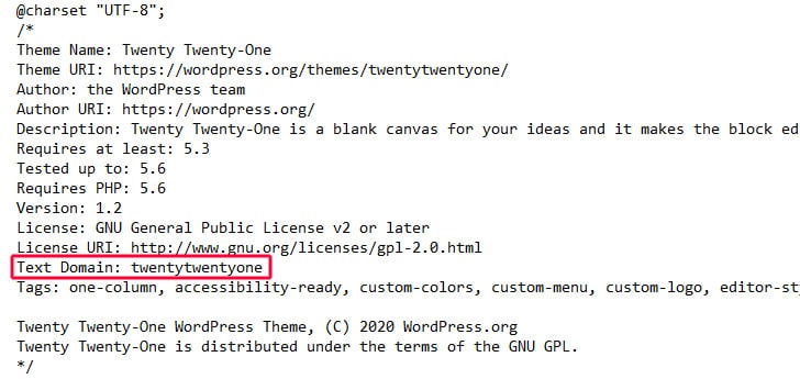 Voor het standaardthema Twenty-Twenty-One staat het tekstdomein in de map /wp-content/themes/twentytwentyone.