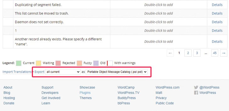 Het vertaalplatform van WordPress: Exporteer het taalbestand dat je daarna wilt bewerken.