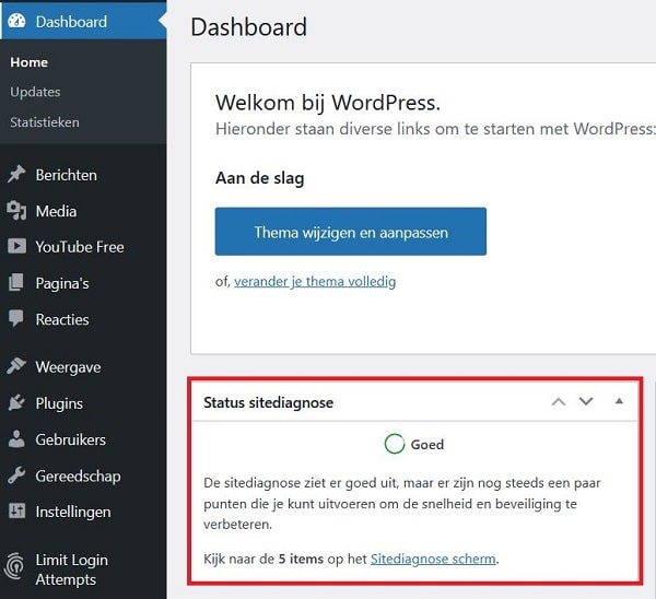 WordPress dashboard - Status sitediagnose