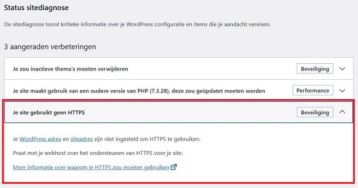 WordPress - sitediagnose zegt dat je geen HTTPS gebruikt