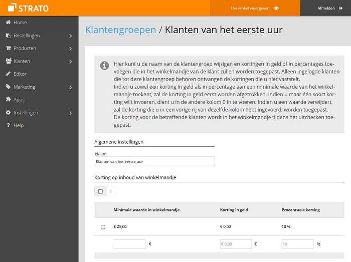 STRATO Webshop Now: klantengroepen aanmaken voor speciale kortingsacties