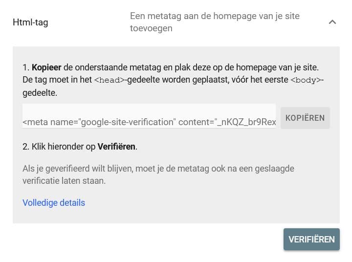 Verificatie in de Google Search Console bevestigen