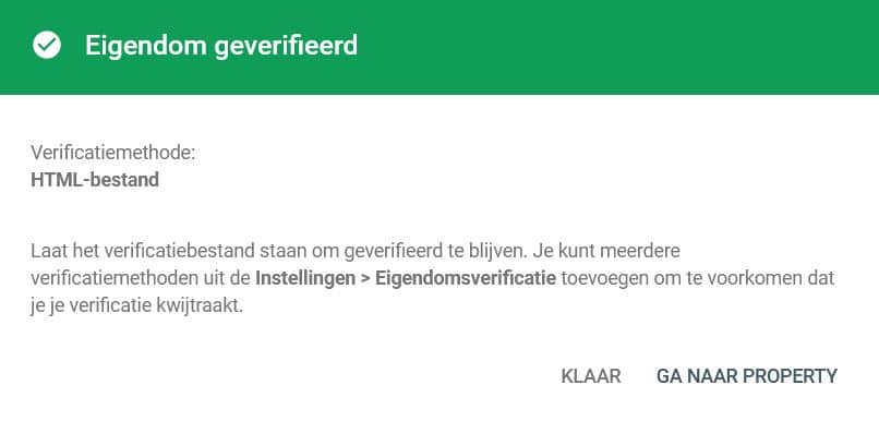 Eigendom geverifieerd in de Google Search Console