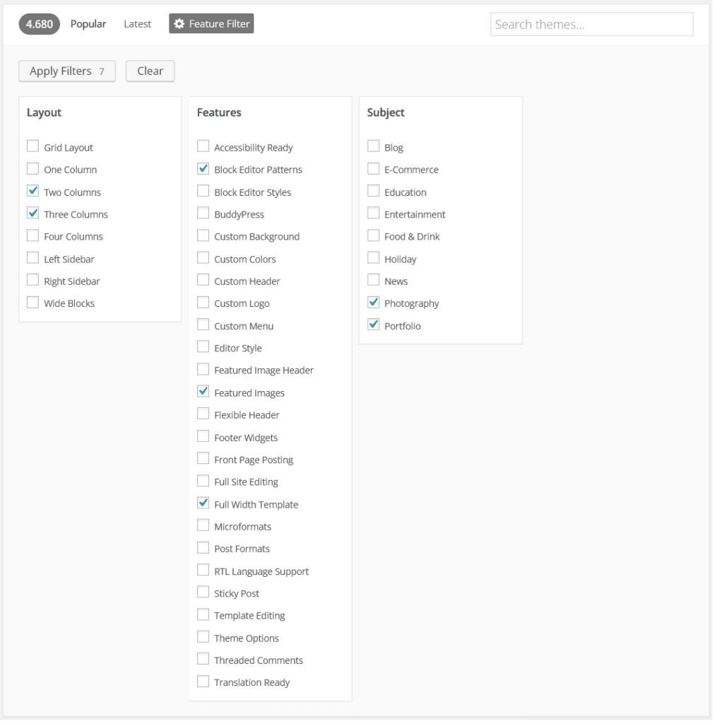 WordPress thema kiezen: in de Theme Browser van WordPress kun je de gewenste features selecteren