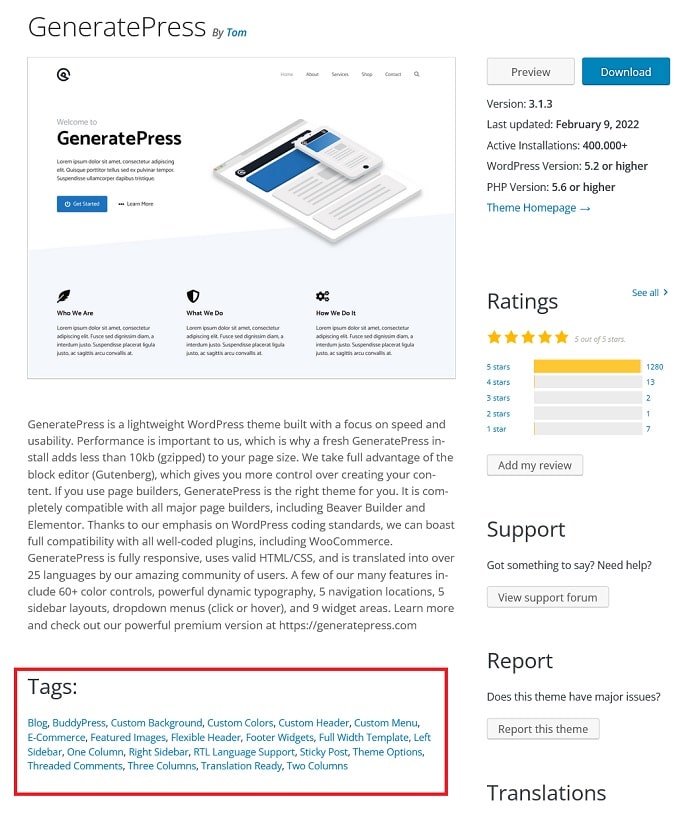 WordPress thema kiezen: de themabeschrijving biedt veel info, o.a. onder "Tags".