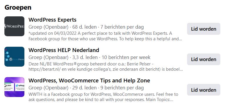 Op o.a. Facebook vind je WordPress groepen