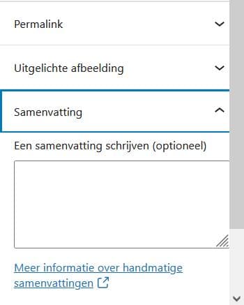 WordPress: onder "Samenvatting" kun je een teaser voor je pagina schrijven