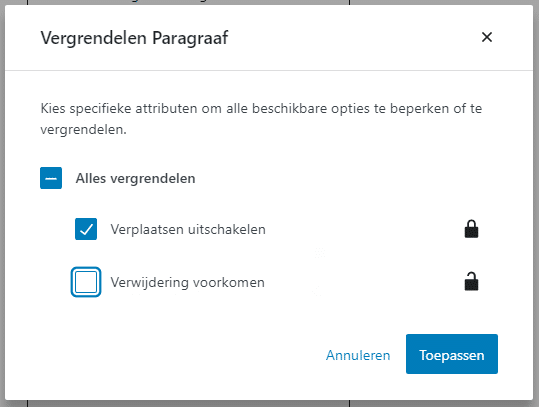 WordPress 6.0 - vergrendelen paragraaf