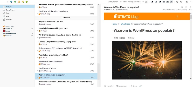 Voorbeeld van een RSS-feed (Feedbro)