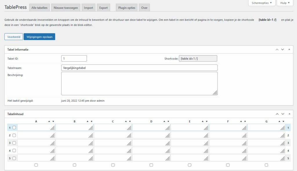 WordPress plug-in TablePress