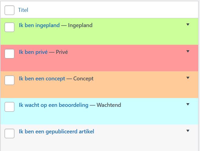 WordPress - het overzicht van alle artikelen in de backend met kleur