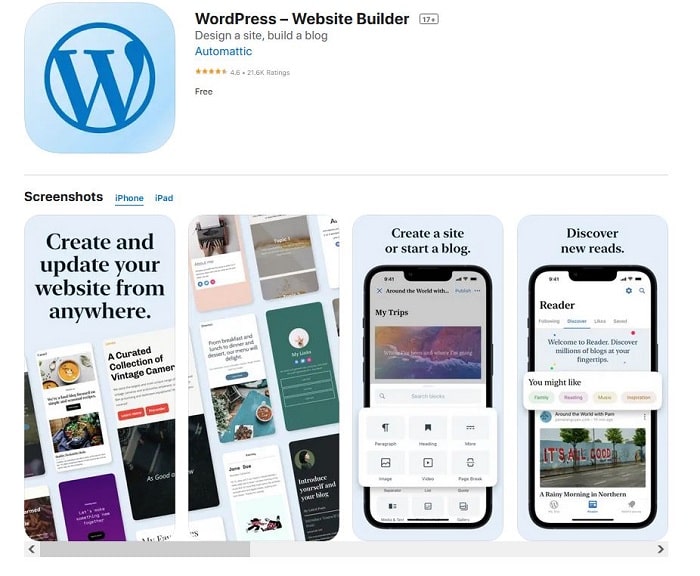 WordPress app downloaden voor iPhone of iPad in de AppStore