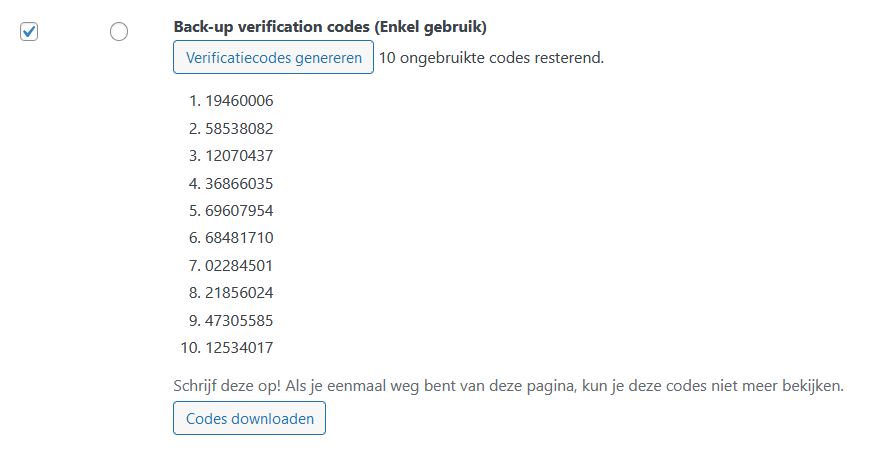 WordPress plug-in Two-Factor: back-upcodes