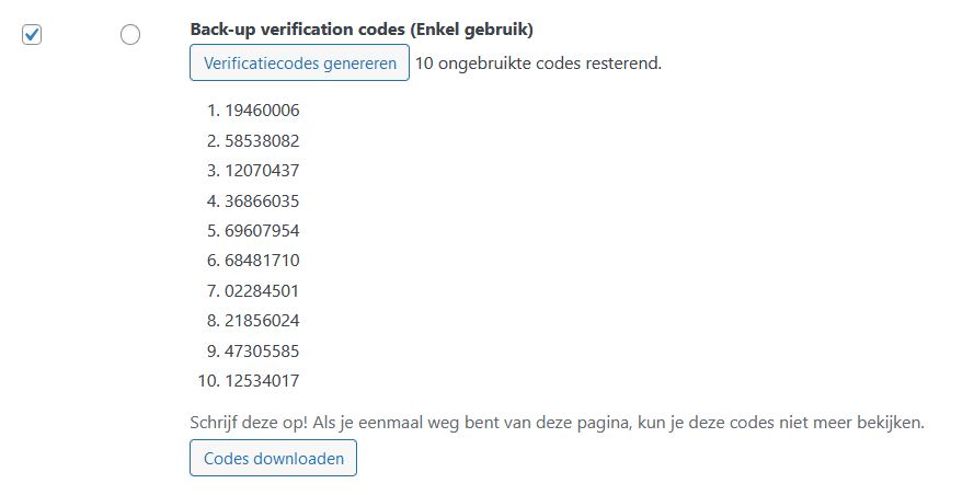 WordPress plug-in Two-Factor: back-upcodes 