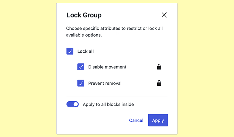 WordPress 6.1 - Vergrendeling met één klik voor alle binnenblokken