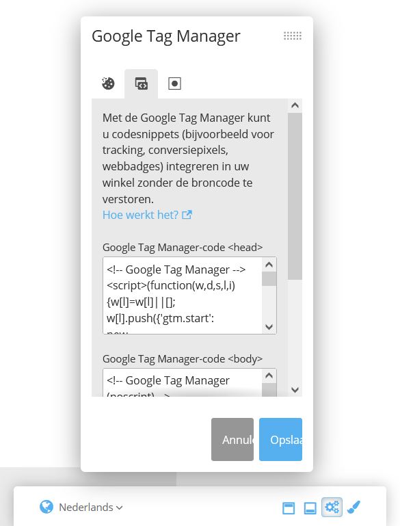 Codefragment uit Google Tag Manager invoegen in de STRATO webshop