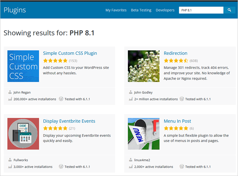 Plugin zoeken op WordPress.org voor PHP 8.1