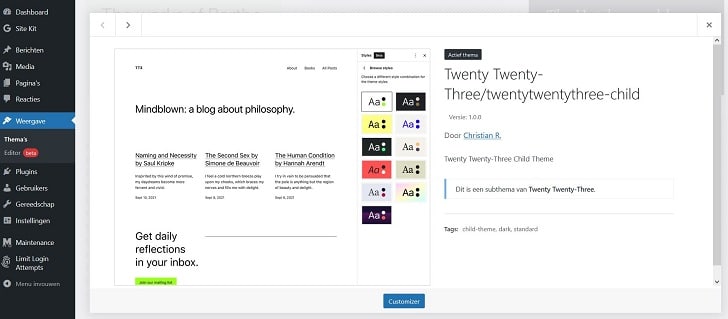 Het child-thema in het WordPress dashboard