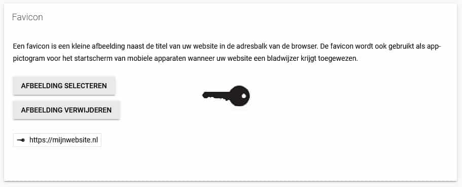 Zo voeg je een favicon toe zoals deze zwarte sleutel. Links onderin zie je een voorbeeld.
