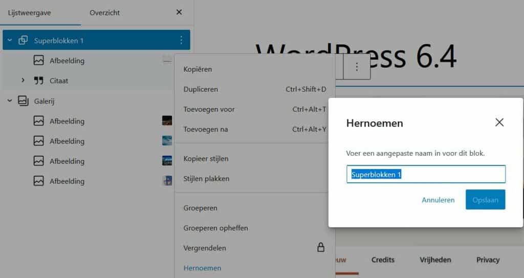 WordPress 6.4 - Blokken groeperen en hernoemen