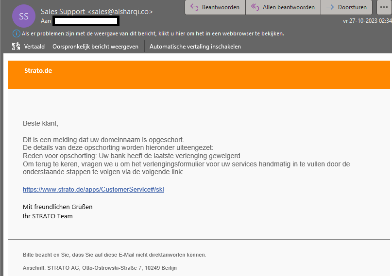 Voorbeeld van een phishingmail met Duitse tekst