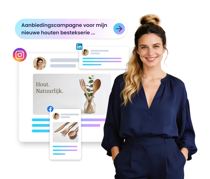 Jonge vrouw toont meerdere social media-posts op verschillende platforms